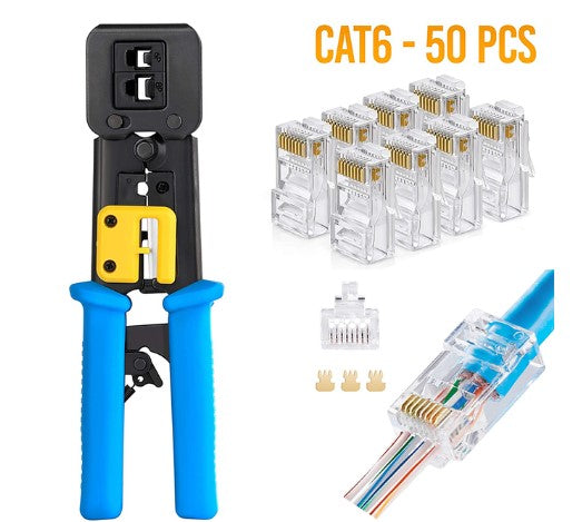 RJ45 Crimp Tool Pass Through Cat5 Cat5e Cat6 Crimping Tool For RJ45/RJ12 Regular And End-Pass-Through Connectors 50pcs Set