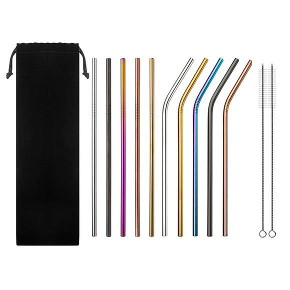 Set of 10 Multi-Color Stainless Steel Straws Drinking Tumblers Cold Beverage Cup Straw w/ Brush