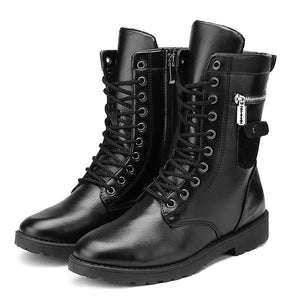 Men's Motorcycle Leather Boots Punk Studded Zipper Tactical Combat Mid Calf Military Shoes