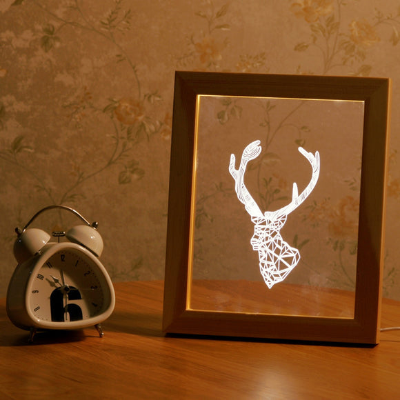 KCASA FL-701 Photo Frame Illuminative LED Night Light Wooden Deer Head Desktop Decorative USB Lamp