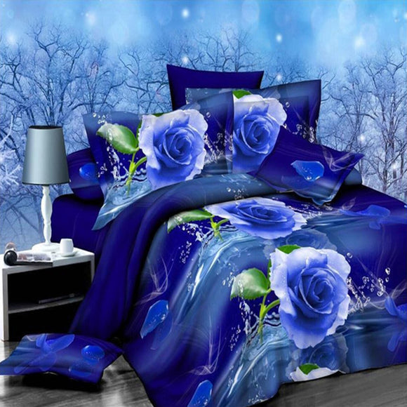 4pcs Suit Polyester Fiber 3D Blue Rose Flower Reactive Dyeing Bedding Sets Queen King Size