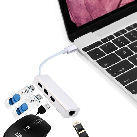 USB3.1 USB-C Type-C to RJ45 Ethernet LAN Adapter With 3 Port USB 3.0 Hub for MacBook PC