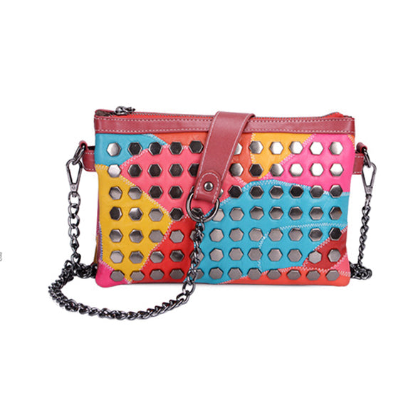 Women Genuine Leather Patchwork Rivet Crossbody Bag Phone Bag