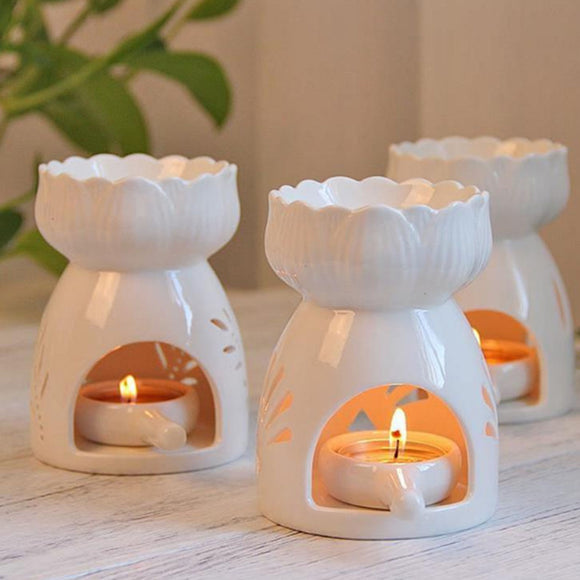 Lotus Flower Ceramic Oil Incense Burner Tea Light Holder Home Fragrance White