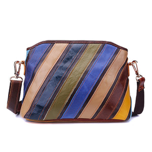 Women Genuine Leather Patchwork Striped Shell Shoulder Bag Crossbody Bag