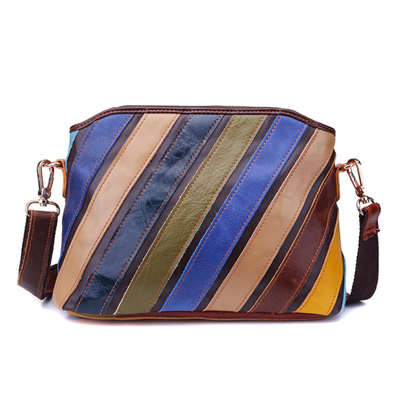 Women Genuine Leather Patchwork Striped Shell Shoulder Bag Crossbody Bag