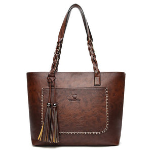 Women Retro Faux Leather Tote Bag Solid Tassel Leisure Shoulder Bag Hangbag