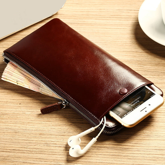 Men Genuine Leather Vintage Long Phone Wallet Zipper Card Holder Check Wallet