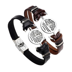 Punk Stainless Steel Anchor Tree of Life Branches Chain Leather Bracelet for Men