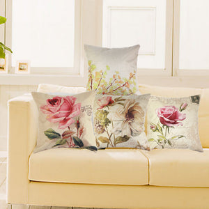 Linen And Cotton Canvas Pillow Case Cover Vintage  Throw Cushion Rose Flowers Pillowcases