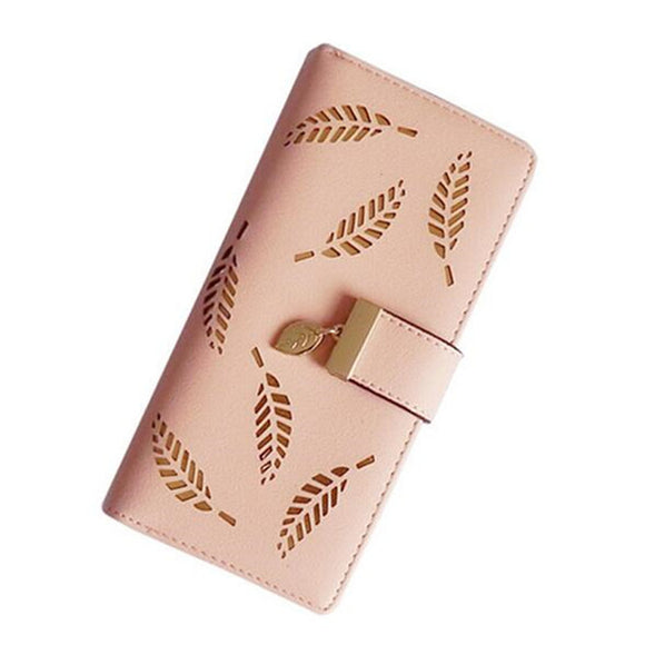 Women Lady PU Leather Hollow Leaves Long Wallet Case Card Holder Phone Bag for Phone under 6 inches