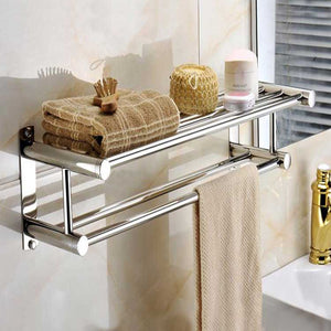 Stainless Steel Double Layer Towel Rail Wall Mounted Bathroom Storage Shelf Rack Clothes Holder