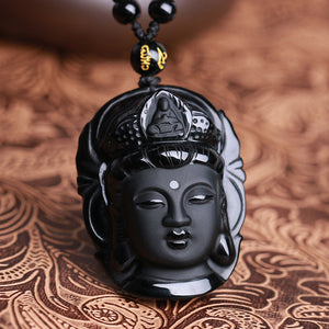 Natural Black Obsidian Kwan-yin Pendant Charm Necklace Lucky Jewelry Collocation Clothing