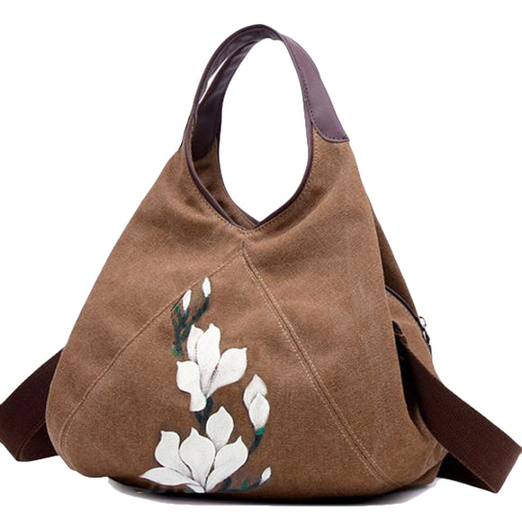 Women Canvas Lotus Tote Handbags Chinese Style Shoulder Bags Folk Custom Crossbody Bags