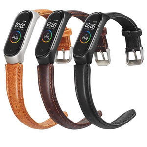 Solid Crazy Horse Pattern Leather Watch Band Watch Strap Replacement for Xiaomi Miband 4