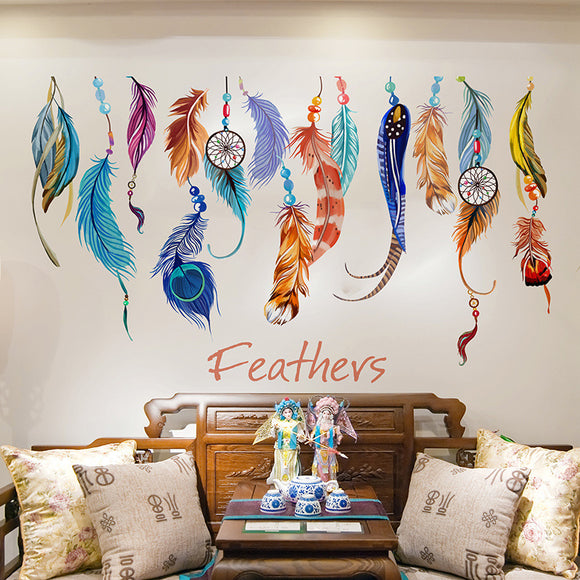 Lucky Colorful Feather Wall Stickers Decor Transparent Film PVC Removable Waterproof Sticker