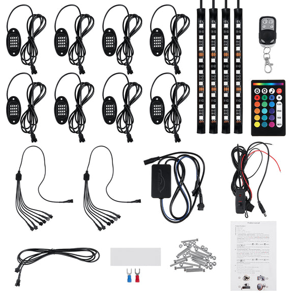 12V 8 Pods RGB LED Rock Lights Kit Underbody Neon Music Lamp  12V 24W bluetooth APP Control