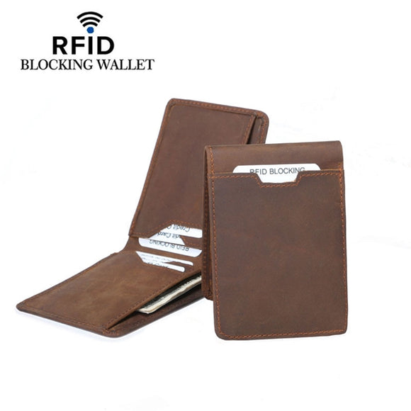 RFID Card Holder Wallet Bifold Slim Genuine Leather Thin Minimalist Money Clip for Men