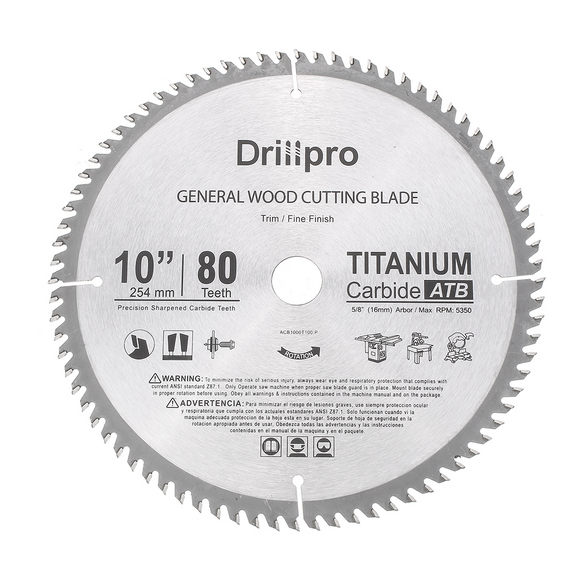 Drillpro 10 Inch 80 Teeth Saw Blade TCT General Purpose Hard and Soft Wood Saw Blades for Miter Saws Circular Saws Table Saws Hand Saws and Chop Saws