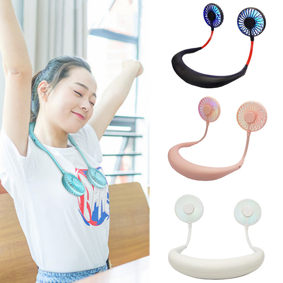 7 Blades USB Lazy Neckband Fan Mini Dual Cooling Desktop Fan With LED Colorful Light Sports Travel