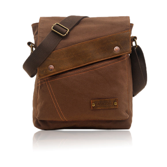 AUGUR Men Genuine Leather Canvas Leisure Shoulder Bag Vintage Style Crossbody Chest Pack