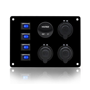 4 Gang Blue LED Toggle Rocker Switch Panel Dual USB ON-off Car Marine Boat 12V