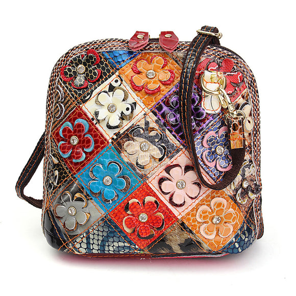 Women Genuine Leather Patchwork Floral Crossbody Bag Shoulder Bag