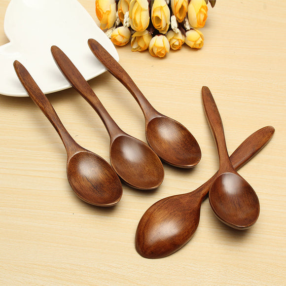 5Pcs Wooden Cooking Kitchen Utensil Coffee Tea Ice Cream Soup Caterin Spoon Tool