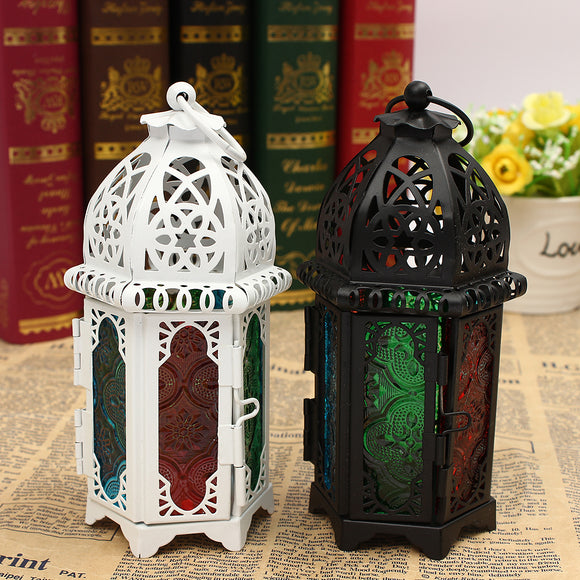 Vintage Moroccan Hollow Iron Lantern Tea Light Hanging Candle Holder Candlestick