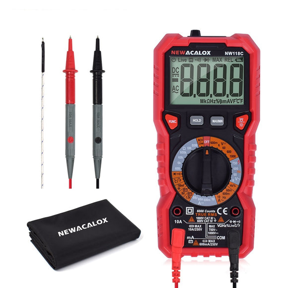 NEWACALOX NCV Digital Multimeter 6000 Counts Auto Ranging AC/DC Voltage Flash Light Back light Large Screen Temperature Tester Tool