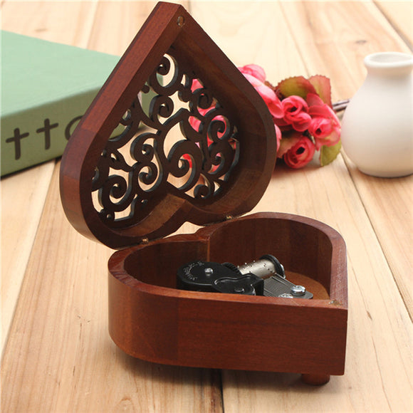 Retro Heart-shaped Carving Wooden Wind Up Music Box