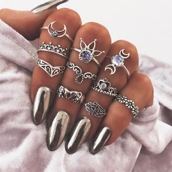 10 Pcs Bohemian Statement Ring Set Trendy Crystal Irregular Knuckle Rings for Women