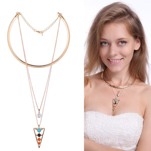 Turquoise Crystal Tassel Collar Chain Multilayer Pendant Necklace