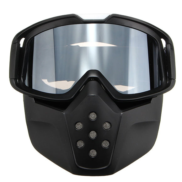 Motorcycle Helmet Silver Lens Detachable Goggles Face Mask Shield Mouth Filter