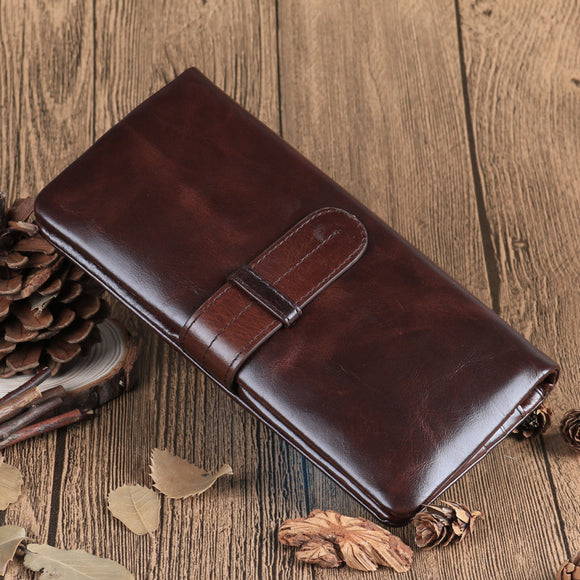 Men Genuine Leather Oil Wax Hasp Zipper Long Wallet