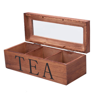 Tea Bag Stores Wooden Tea Box 3 Compartments Hinged Glass Lid Tea Organizer Jewelery Box Storage