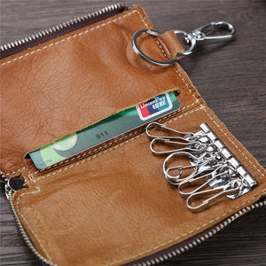 Men And Women Retro Genuine Leather Multi-function 6 Key Holder Purse Solid Card Holder