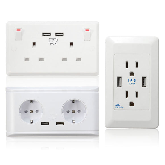 Double USB Socket White 13A 2Gang Electric Wall Plug Sockets With 2USB Outlet