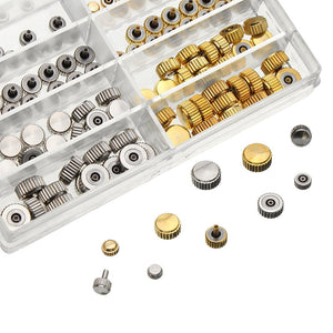 150pcs Mixed Silver Gold Watch Crown Watch Accessories Parts 10 Size Assortment Set