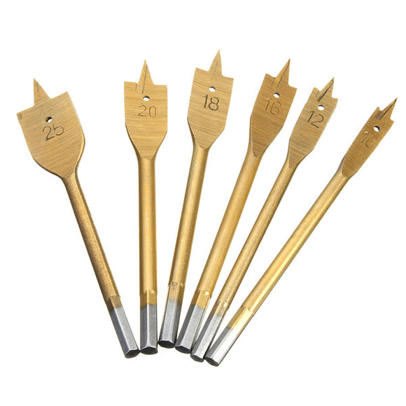 6Pcs 10-25mm Flat Wood Drill Bit Set 1/4 Inch Shank HSS Flat Drill Bits Titanium Coated