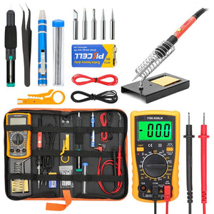 HANDSKIT 19Pcs 110V 220V 60W Adjustable Temperature Soldering Iron Kit Solder Welding Tools with Digital Multimeter