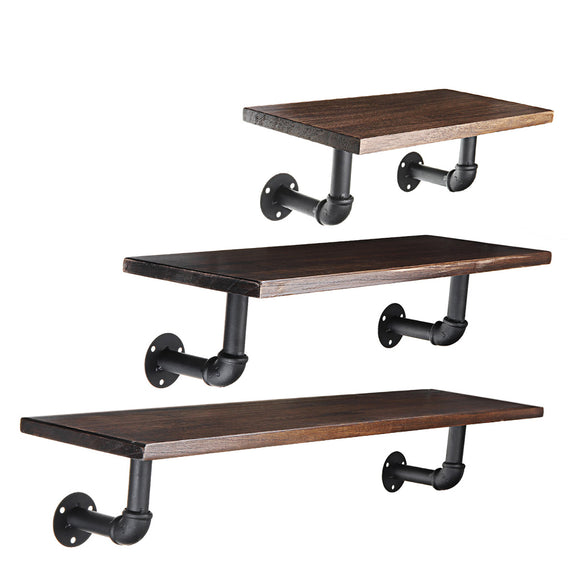 Retro Vintage Industrial Wood Metal Wall Shelf Display Floating Storage Pipe Rack