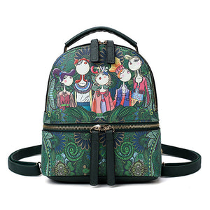 Women Faux Leather Forest Print Pattern Backpack Shoulder Bag