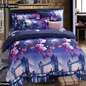 4pcs 3D Plum Blossom Bridge Reactive Dyeing Polyester Fiber Bedding Sets Queen King Size Duvet Cover