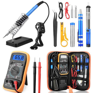 HANDSKIT 110V 220V 60W Adjustable Temperature Soldering Iron Kit Solder Welding Tools with Digital Multimeter