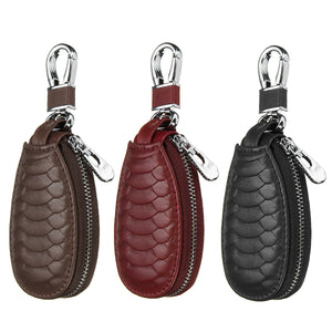 Key Case Genuine Leather Car Smart Key Chain Holder Metal Hook and Keyring Zipper Bag