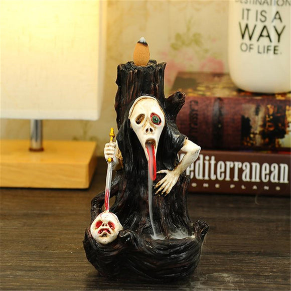 Skull Shape Resin Backflow Incense Burner Tower Statue Figurine Ghost Head Home Decor