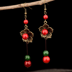 Ethnic Flower Turquoise Beads Tassel Drop Earrings Jewelry