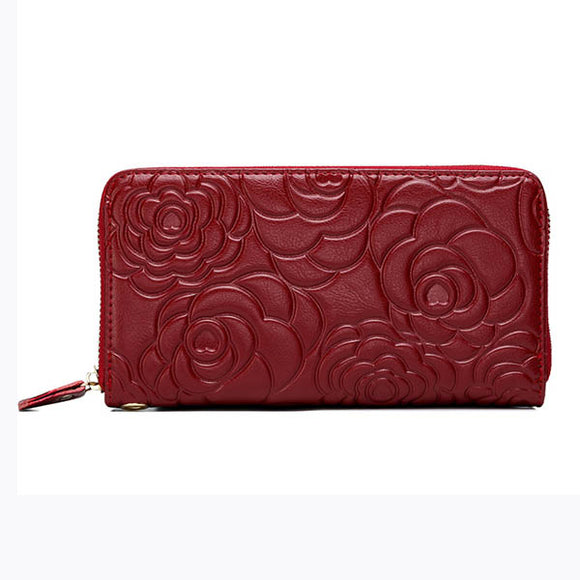 Women Genuine Leather Peony Flower Design Long Wallet Laidies Elegant Purse Card Holder Coin Bags