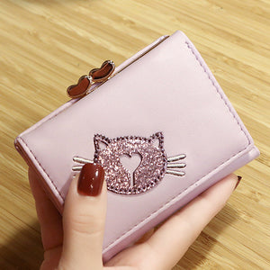 Women Faux Leather Trifold Cute Cat Pattern Short Wallet Coin Bag Card Holder